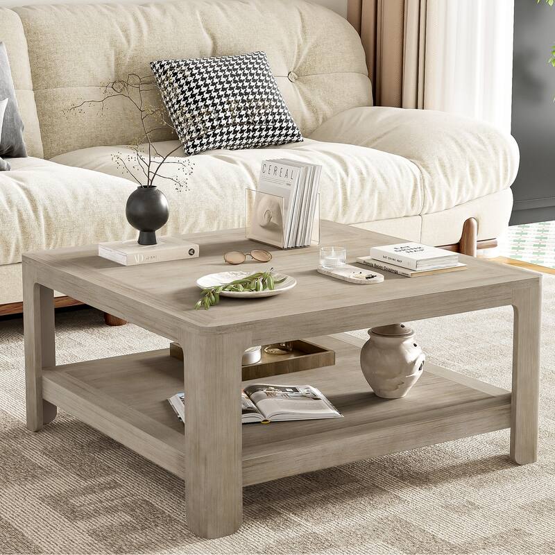 Modern Style Coffee Table Stylish Coffee Table 2-Tier Square Coffee Table with Semi-Open Design Storage, for Living Room