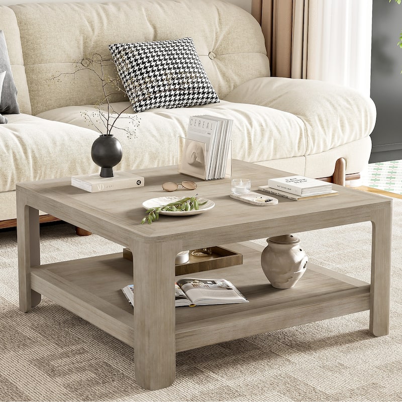 Square Coffee Table with Open Storage Shelf, Double-Tier Wooden Center Table for Living Room/Office, Classic Cocktail Table