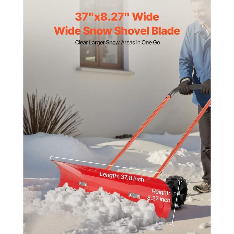 Rolling Snow Shovel with 37.8" Wide Blade and Dual Directional Tilt for Driveway and Walkway Clearing - 37.61” x 16.54” x 52.96”