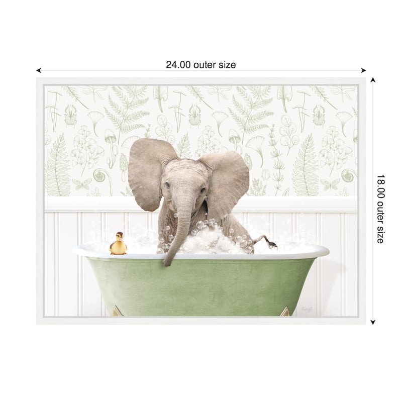 Kate and Laurel Sylvie Baby Elephant No3 in Fern Bath Framed Canvas by Amy Peterson