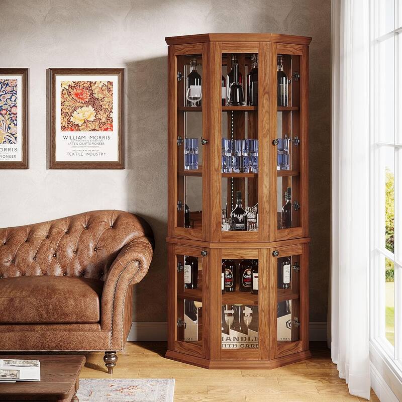 71 Inches Brown Wood Corner Bar Cabinet, 5-Tier Wine Cabinet with Doors & LED Lights for Living Room