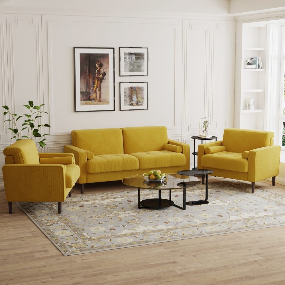3-Piece Corduroy Tufted Club Armchair and Loveseat Set for Living Room