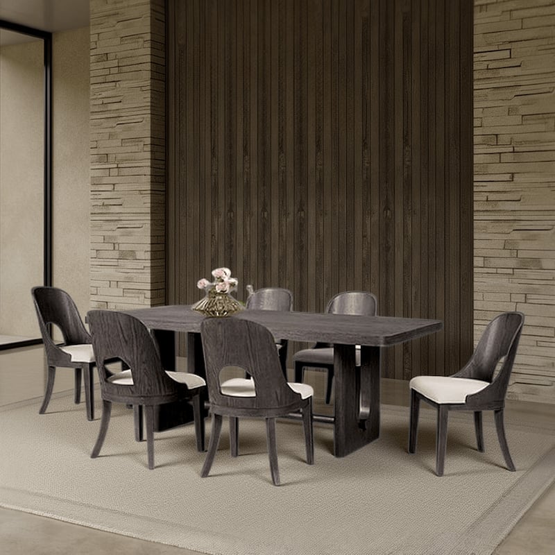 Zoko Dining Table, Pedestal Base, Dark Ash Gray, Solid Wood 83 Inch