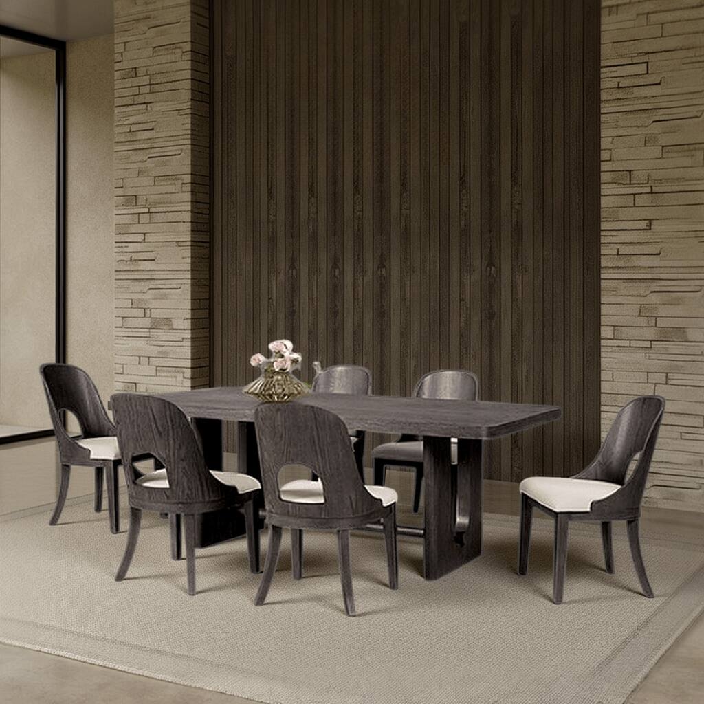 Zoko Dining Table, Pedestal Base, Dark Ash Gray, Solid Wood 83 Inch