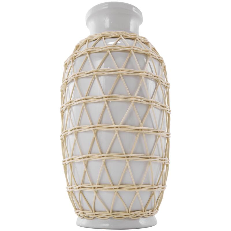 Ceramic Handmade Decorative Vase with Woven Rattan Exterior - White - Roche River Decor