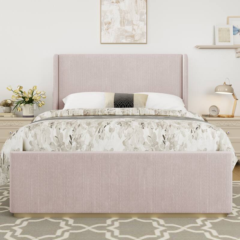 Roomfitters Queen/King Size Upholstered Bed, Corduroy Frame, Wingback Headboard, High Footboard, Light Grey - Pink - King