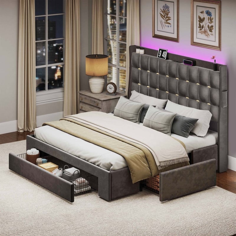 Moasis King Size Velvet Platform Bed with 4 Drawers,Bed Frames with RGB Light & Built-in Charging Station