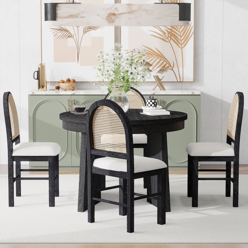 5 Piece Round Extendable Dining Table Set with 4 Upholstered Chairs