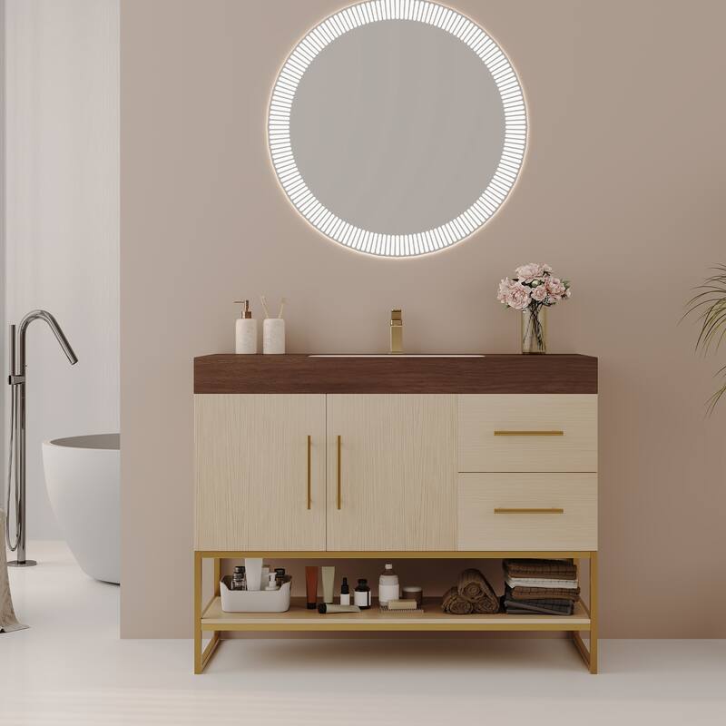 GDFStudio - Luxury 36" Freestanding Sintered Stone Bathroom Vanity with Seamless Ceramic Sink, Open Storage & Soft-Close Drawers