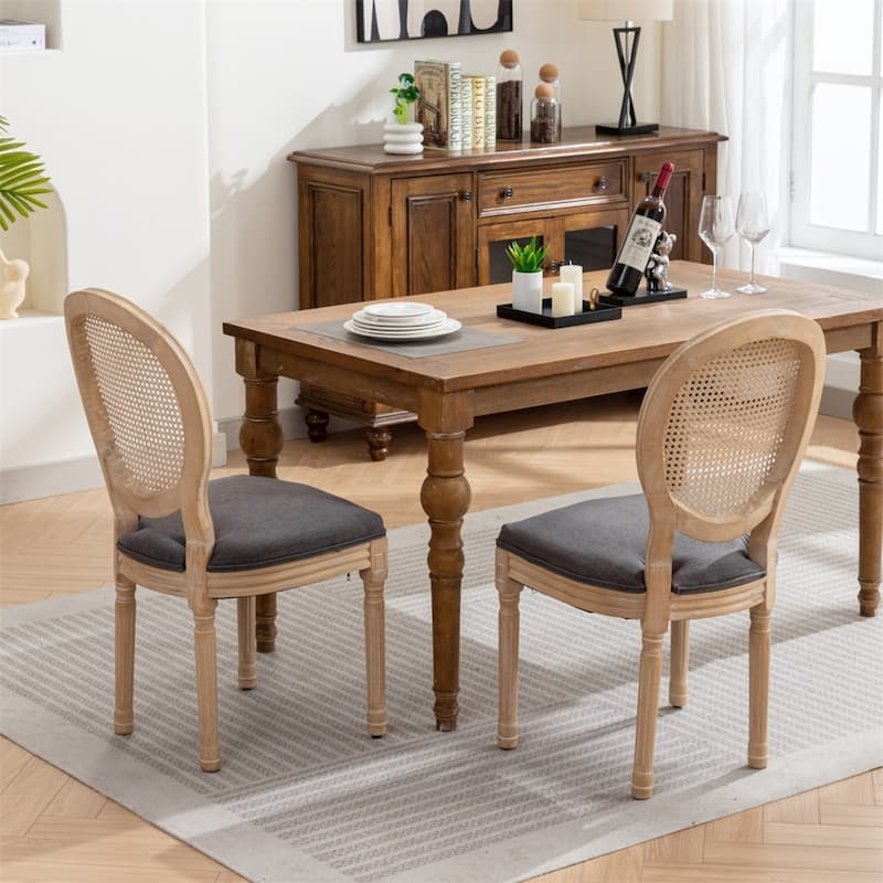Antique Painting Linen Fabric Rattan Back Dining Chair (Set of 2)