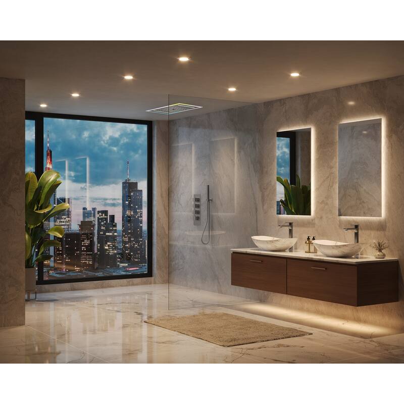GRANDJOY Thermostatic Triple-Function LED Rain and Waterfall Shower System with Handheld and Built-In Music