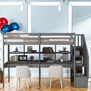 Twin Loft Bed With Double Desk&Shelves, Easy To Assemble