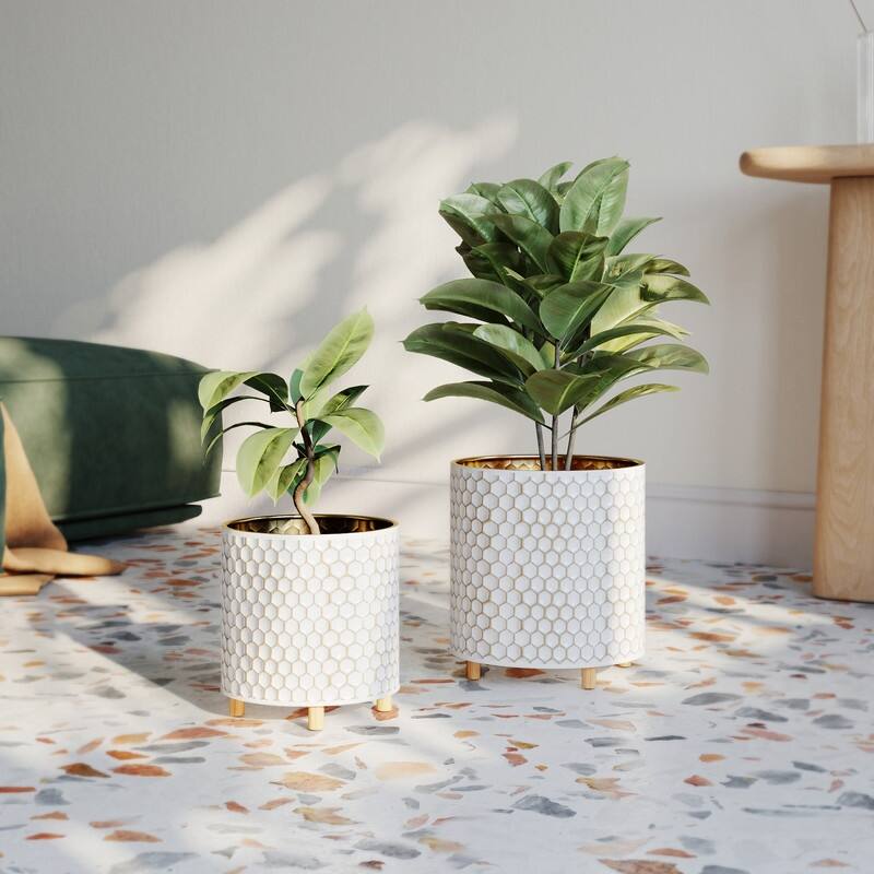 Honeycomb White & Gold Indoor Metal Pot Planter With Peg Leg Base Set - 8.75"H x 8"W x 8"D