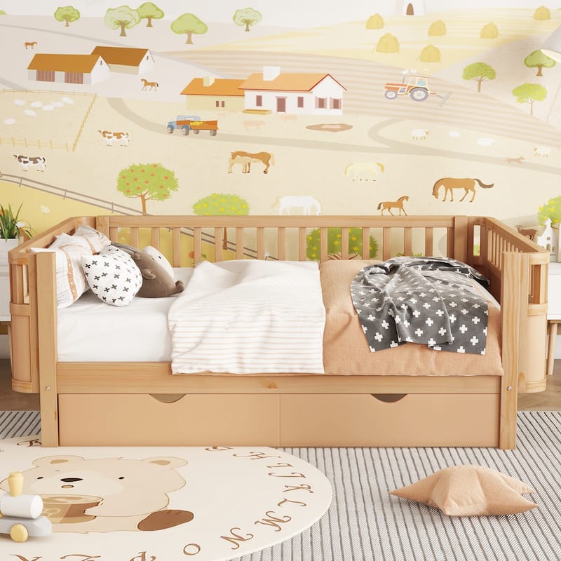Wooden Kids Bed with 2 Storage Drawers, Guardrails and Removable Side Rail, Rounded Corners Frame Montessori Bed, Toddler Bed