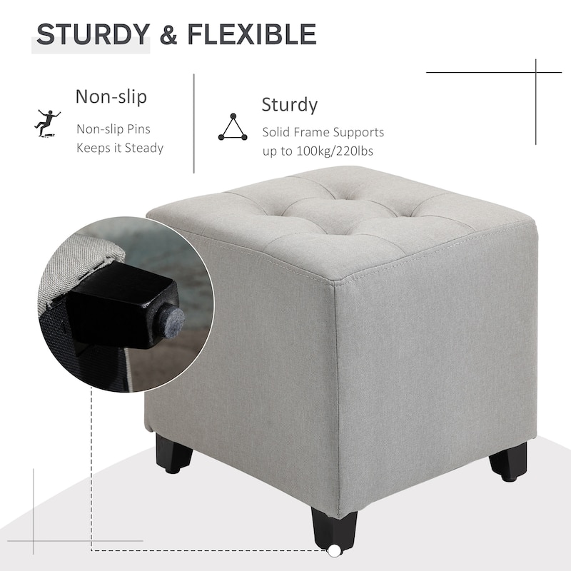 HOMCOM Tufted Ottoman Linen-Touch Fabric Upholstered Footrest Stool with Anti-Slip Pads