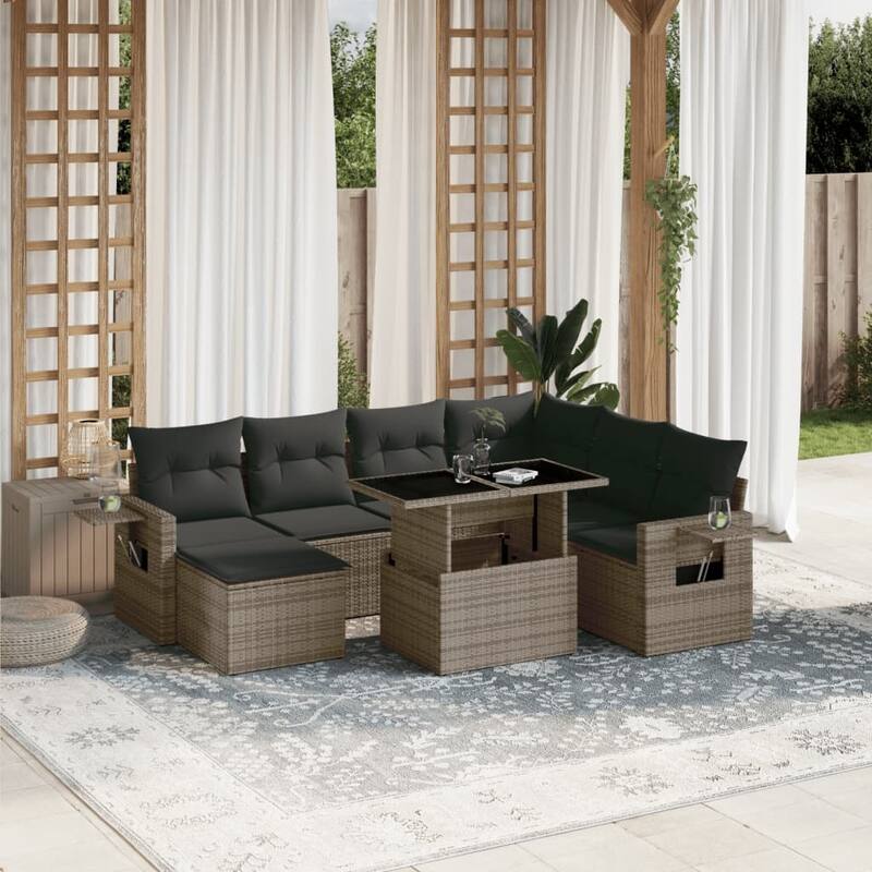 vidaXL Patio Sofa Set with Cushions Outdoor Furniture 8 Piece Poly Rattan - 21.7 x 39.4 x 28.7 - Grey