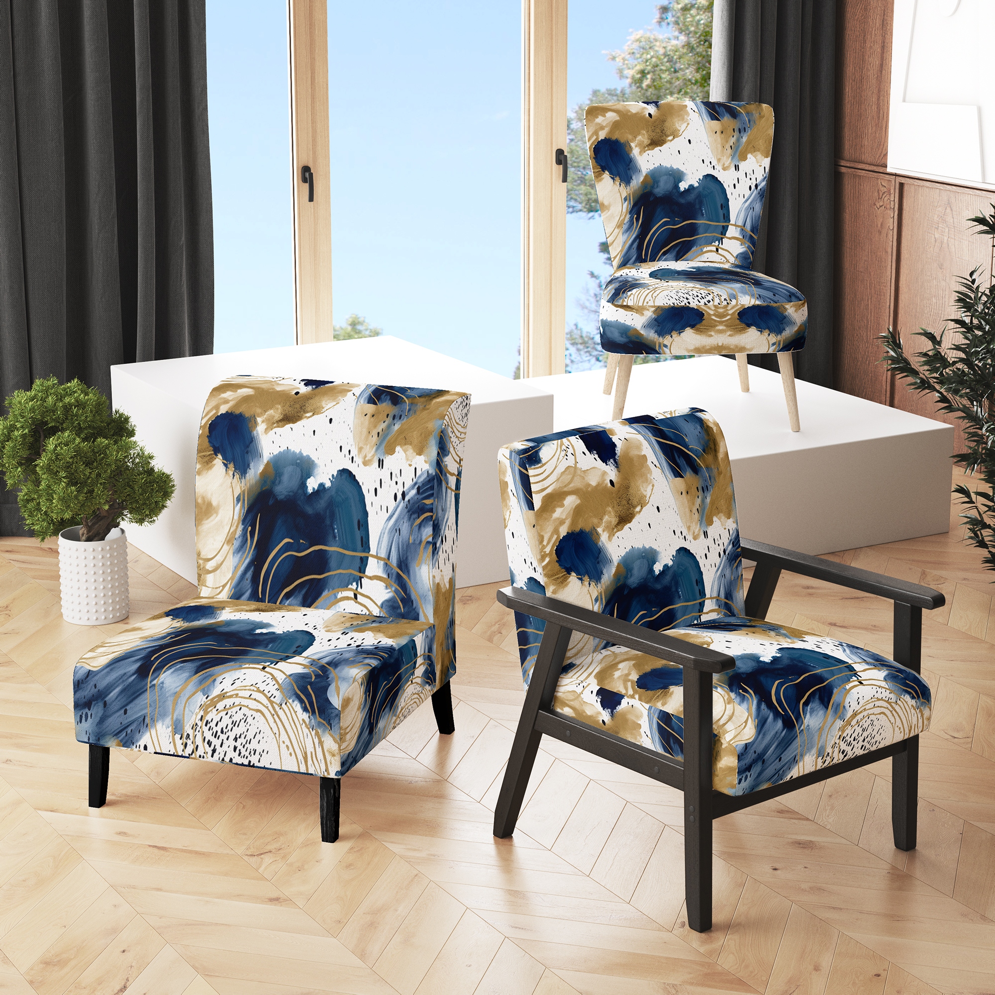 Designart Abstract Pattern With Blue Golden II Upholstered Abstract Accent Chair and Modern Arm Chair