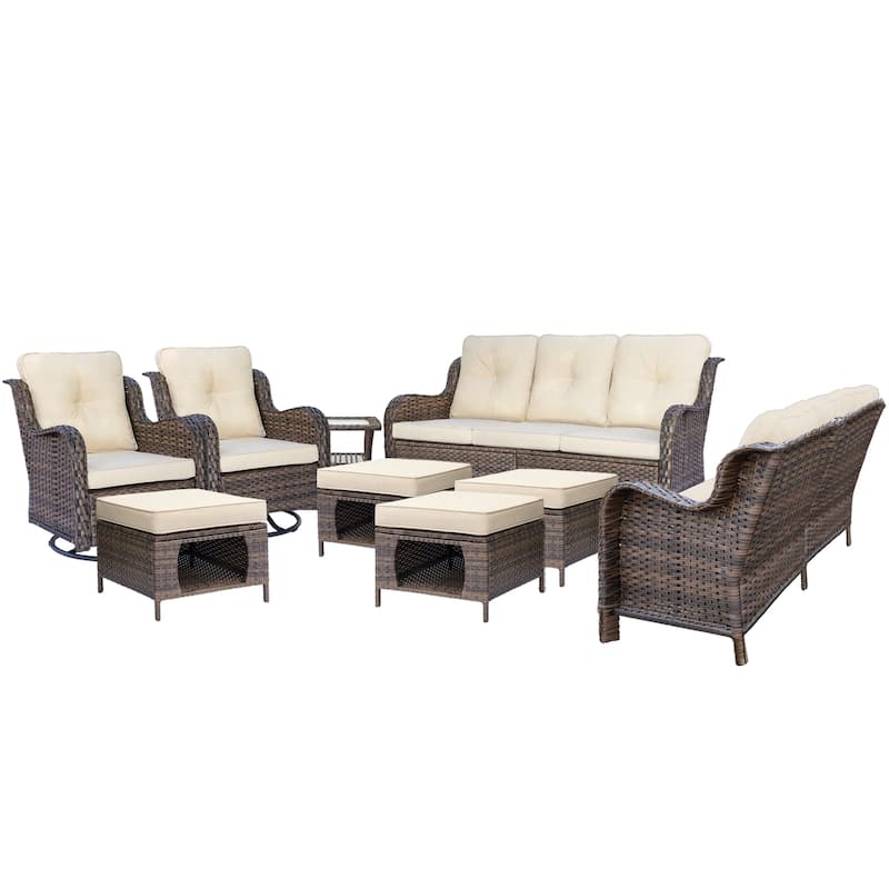 9 Piece Outdoor Wicker Patio Conversation Swivel Chairs Furniture Sets