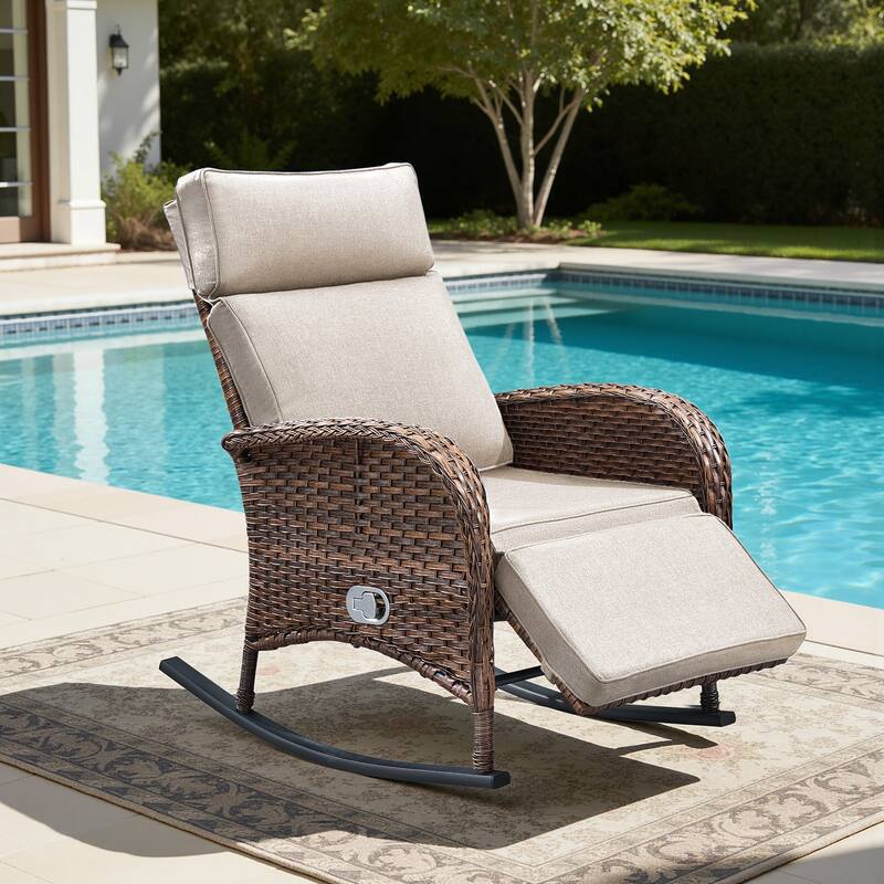 Meyreso Wicker Rocking Reclining Chaise Lounge with Adjustable Backrest & Footrest - Beige/1-Piece