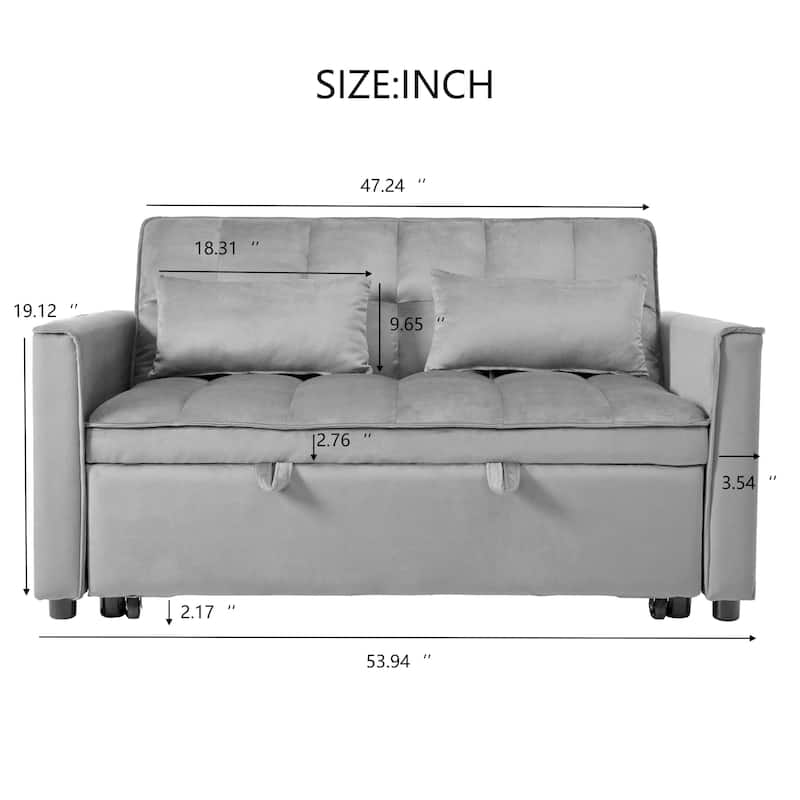 Futon 3 in 1 Convertible Sleeper Sofa Bed, Velvet Loveseat with Adjustable Back, Lounge Sofa with Pockets and Toss Pillows
