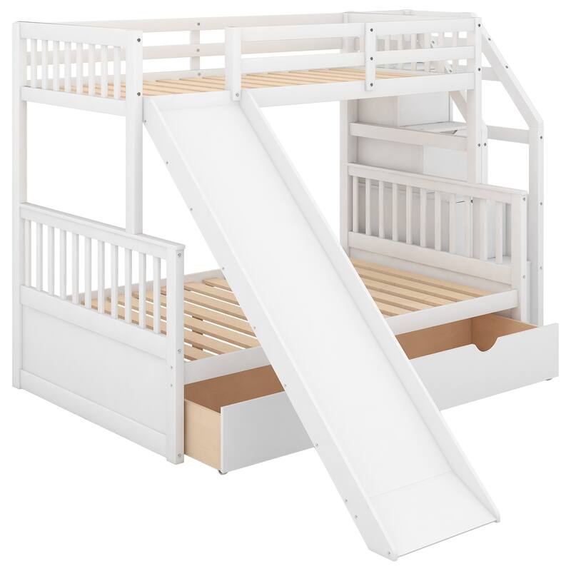 Multifunctional Twin over Full Bunk Bed with Drawers, Storage, and Slide, White