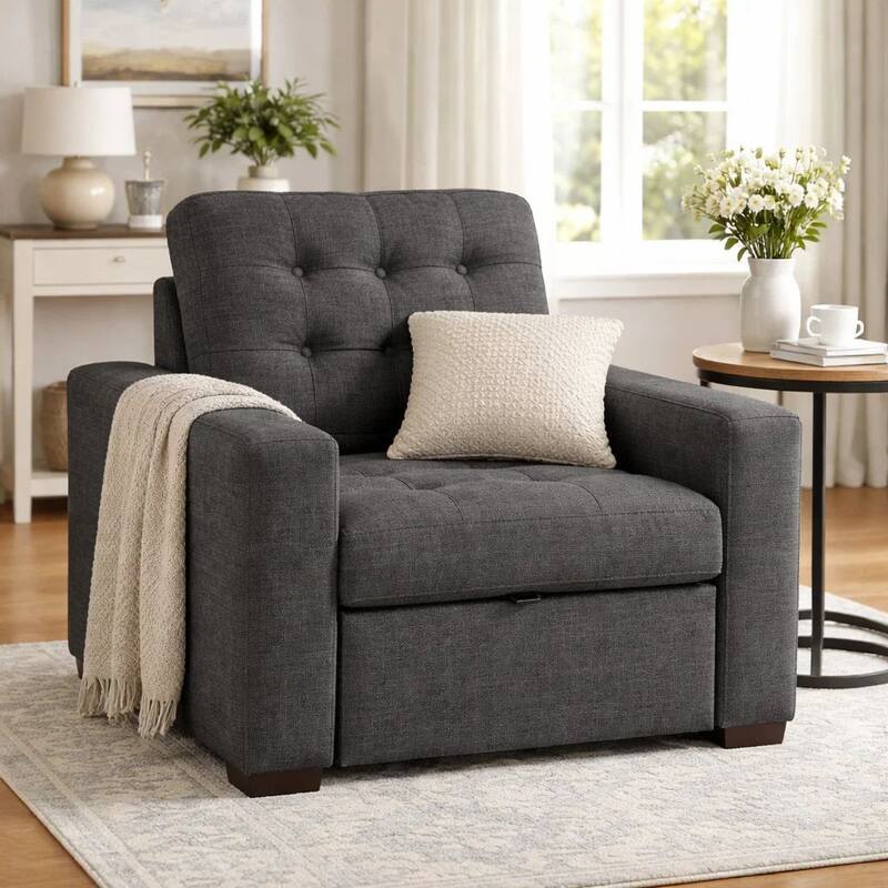 Cliff 37 Inch Chair, Pull Out Ottoman, Dark Gray Polyester, Espresso Wood