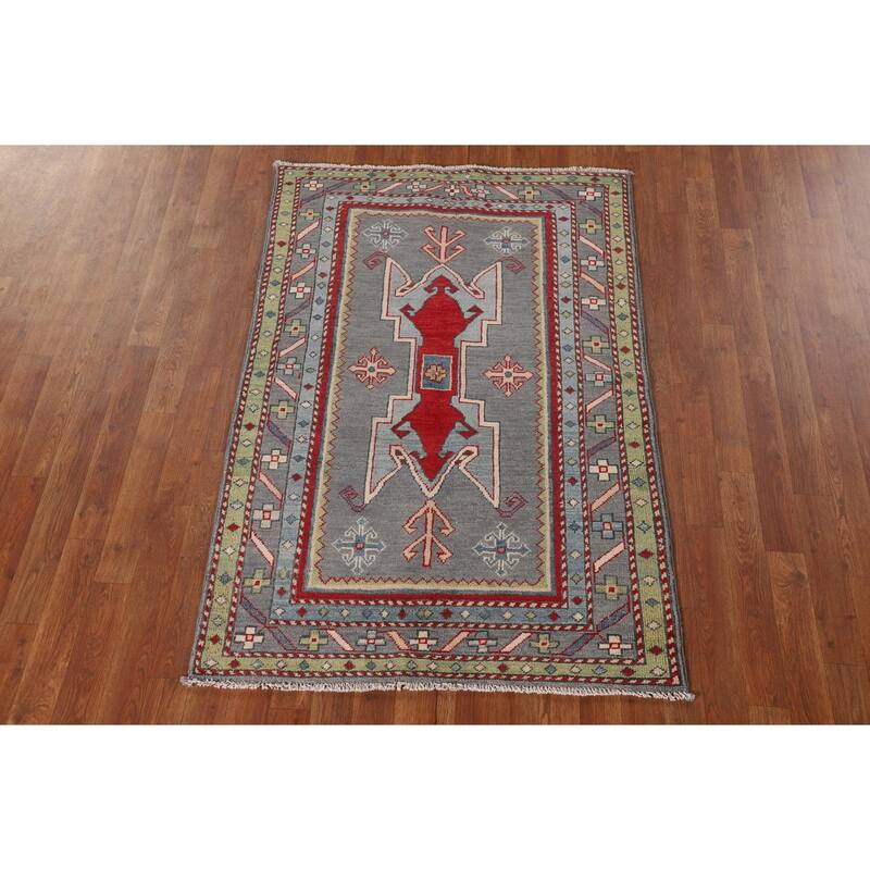 Gray Geometric Kazak Oriental Accent Rug Hand-Knotted Wool Carpet - 3'4"x 5'0"