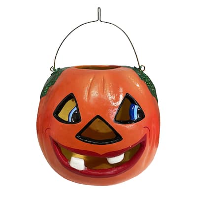 7" Schaller Jack-O-Lantern Bucket Paper Mache Halloween Candy Container with Handle