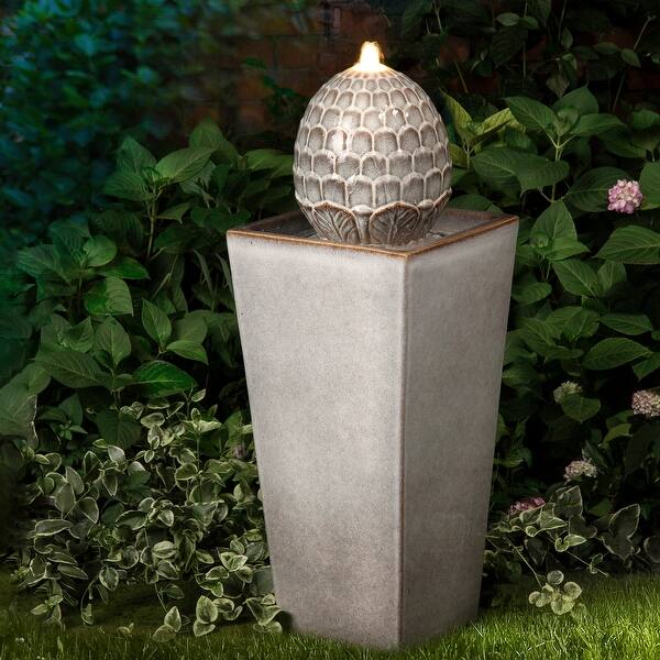 slide 2 of 25, 36"H Beige/ Blue Oversized Artichoke Pedestal LED Ceramic Fountain by Glitzhome