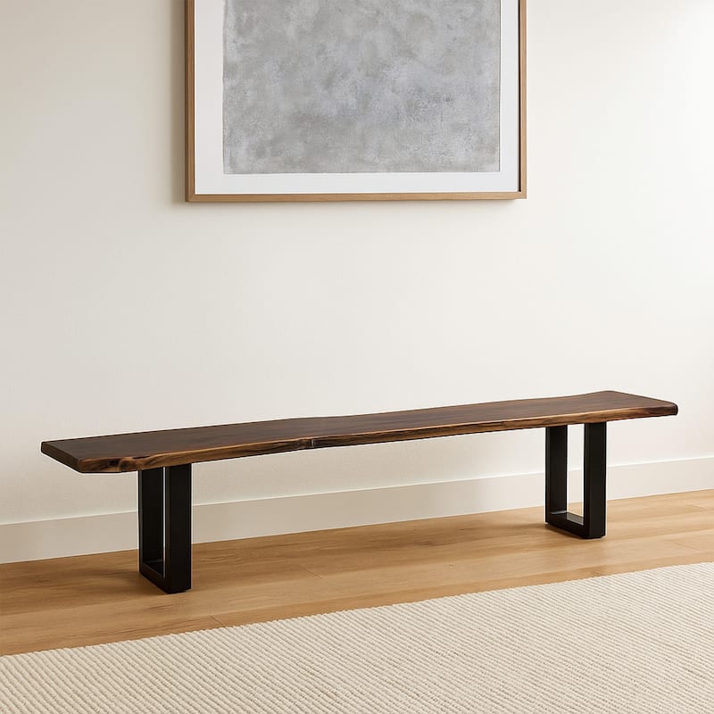 Cid Xue 102 Inch Dining Bench, Brown Live Edge Rectangular Top, Black Metal