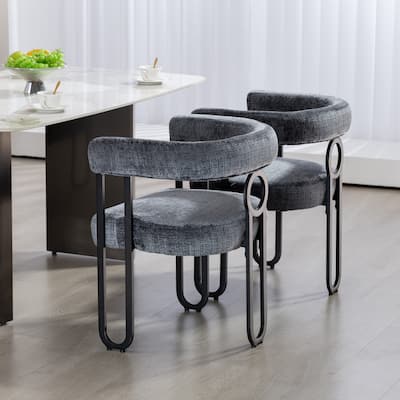Gray Chenille Upholstered Accent Chair Dining Chair Barrel Side Chairs Kitchen Armchair for Living Room Dressing Room Set of 3