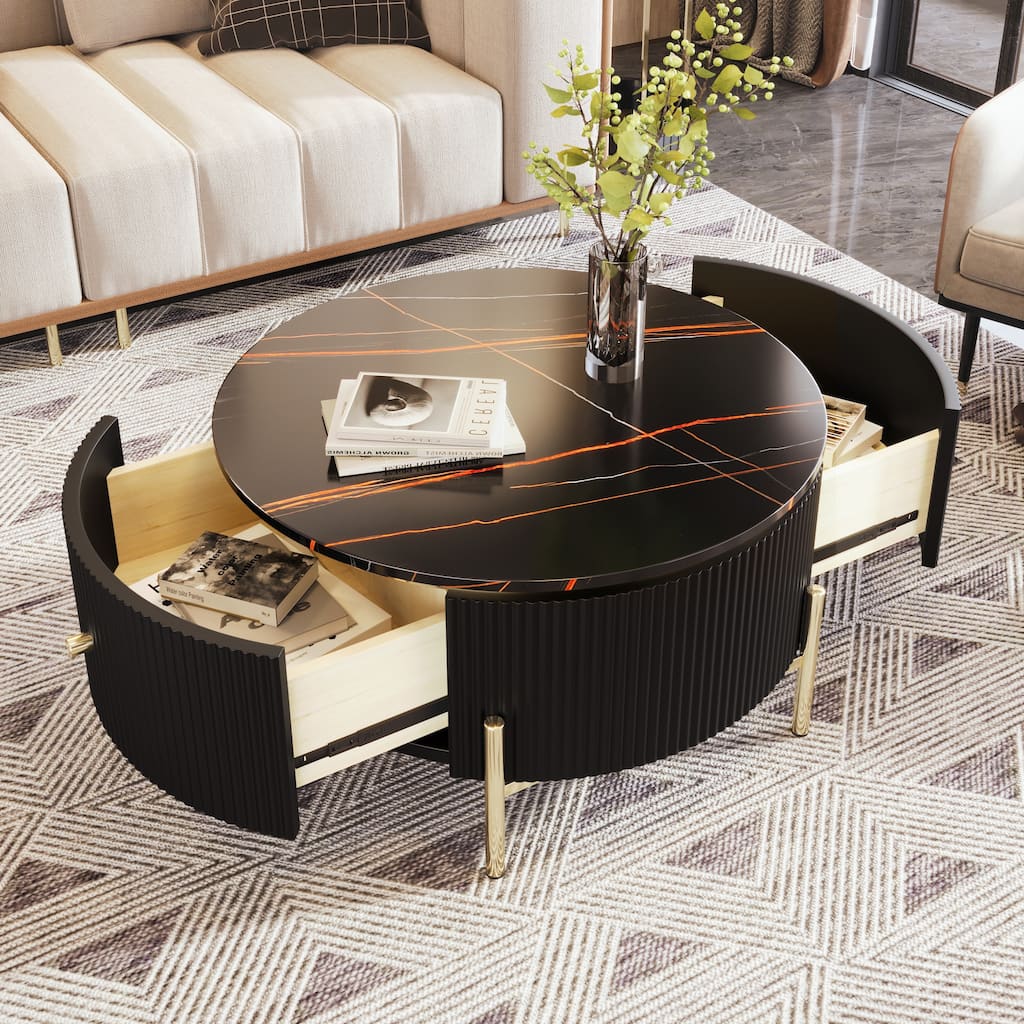 Accent Table Round Coffee Table with Metal Legs, Modern Center Table Black End Table Console Table with Drawer