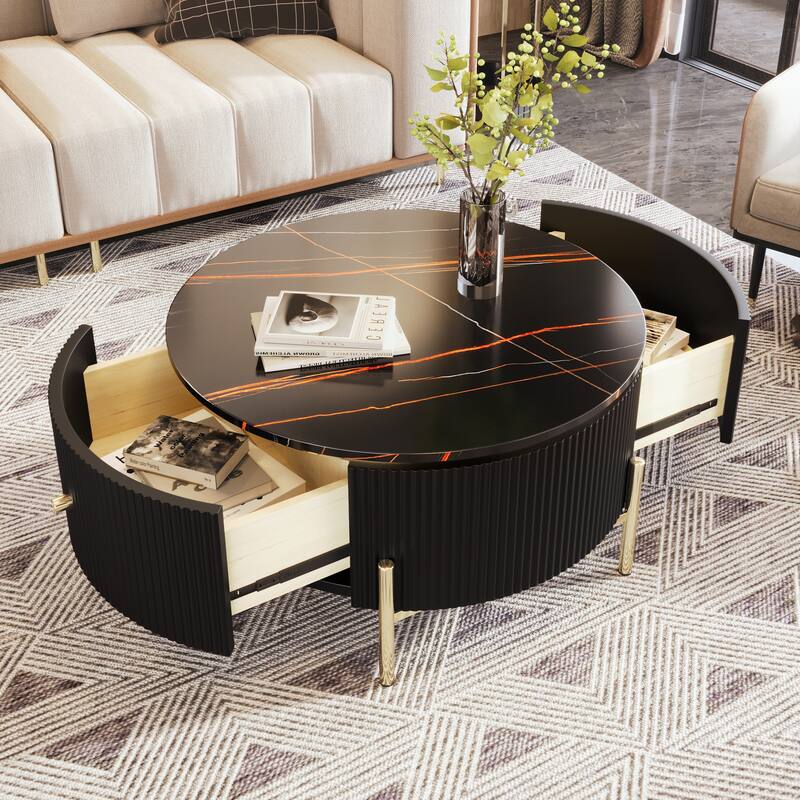 Roomfitters Modern Round Marble Coffee Table with Storage, Gold Metal Legs, 2 Hidden Compartments 31.5"