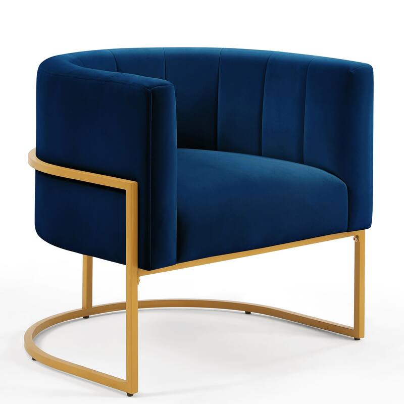 Stylish Velvet Upholstered Chair Barrel Chair with Metal Frame, Navy Curved Backrest Lounge Chair Club Chair for Living Room - Navy
