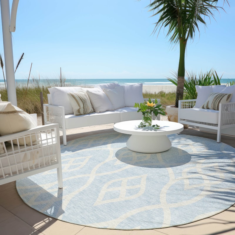 Machine Washable Indoor/ Outdoor Chantille Trellis Modern Rug - Sky - 8' x 8'