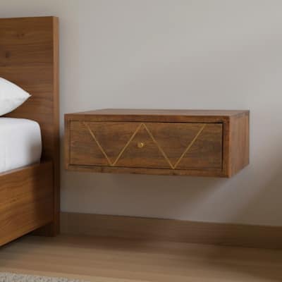 HomeRoots 18" Brown Solid Wood Geometric Brass Inlay One Drawer Floating Nightstand