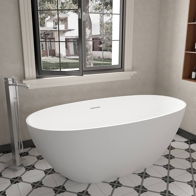 CASAINC Soaking Bathtub Solid Surface Stone Bathtub with Center Drain in Matte White