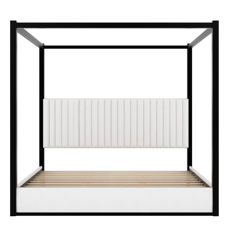 Canopy Bed, Low Profile Platform Bed with Striped Upholstered Headboard Wingback Bed Metal Four Poster Bed Frame, Grounded Bed