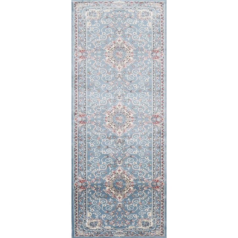 Light Blue Floral Medallion Transitional Turkish Rug Oriental Carpet - 2'7" x 9'10" - Blue