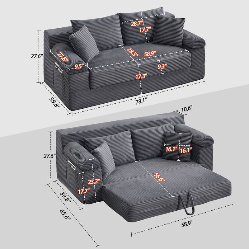 78" W Convertible Sleeper Sofa Bed Corduroy Loveseat with Pillows