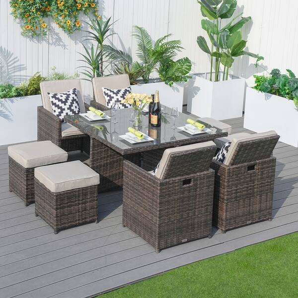 slide 2 of 21, 9-Piece Aluminum Dining Set with Tempered Glass Tabletop and Umbrella Hole