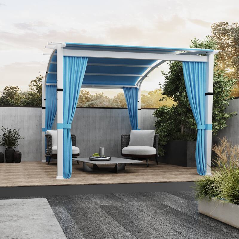 Cozywor 10 ft. x 10 ft. White Steel Patio Arched Pergola with Blue Shade Canopy and Curtains