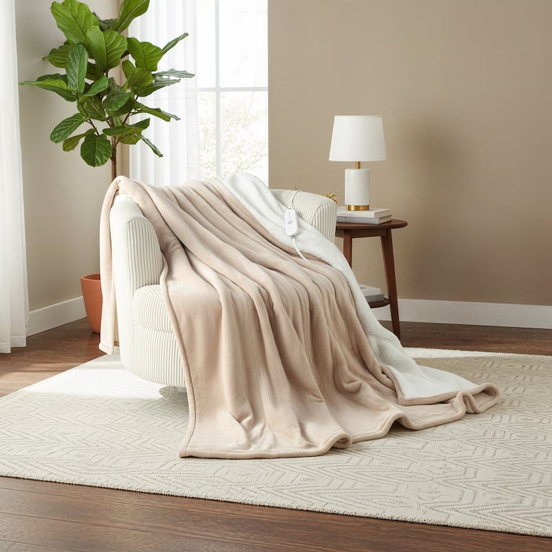 Reversible Flannel and Sherpa Electric Heated Blanket with Adjustable Heat and Auto Shut-Off - Brown-Throw - Throw