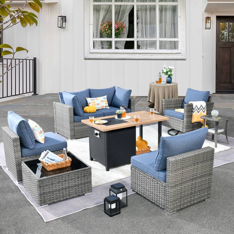 HOOOWOOO 8-piece Grey Wicker Outdoor Patio Furniture Sectional Set with Fire Pit - Denim Blue