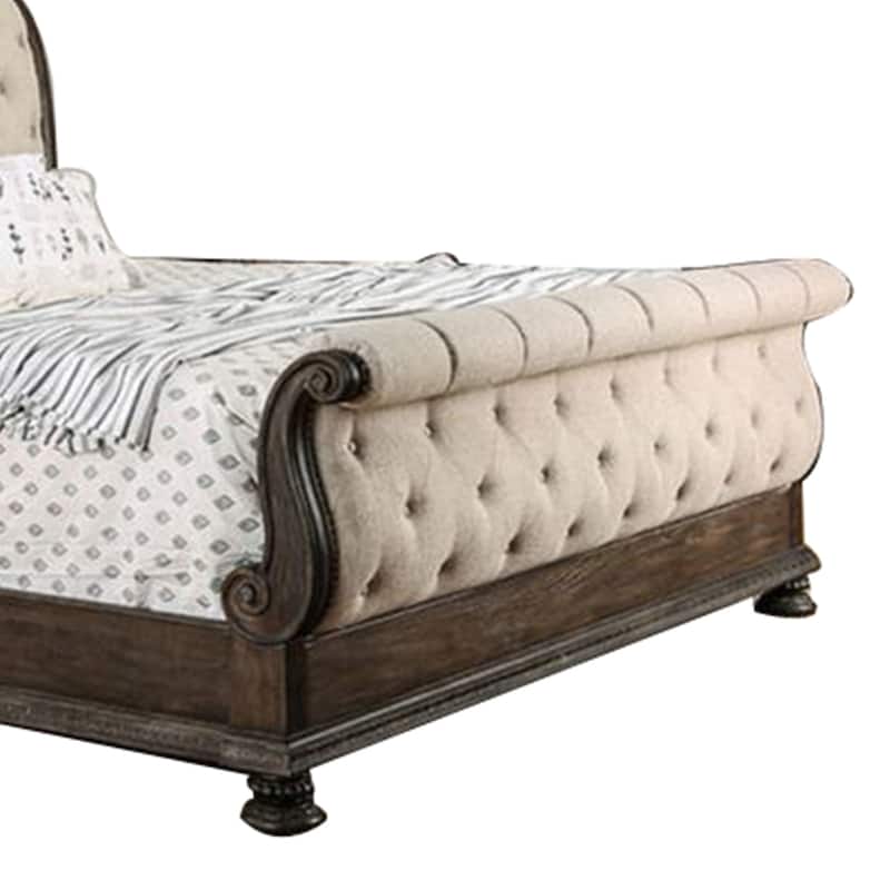 Queen Size Bed with Fabric Upholstery, Beige and Brown