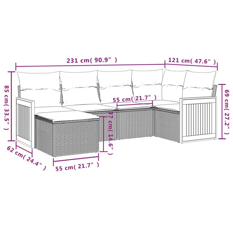 vidaXL Patio Sofa Set with Cushions Outdoor Conversation Furniture Poly Rattan - 21.7 x 21.7 x 14.6 in