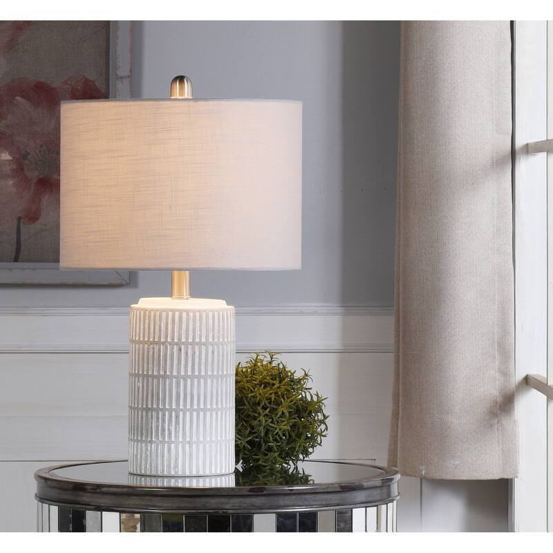 StyleCraft Joni Ceramic Table Lamp - Distressed Gray/White Finish - Heathered Light Gray Drum Shade
