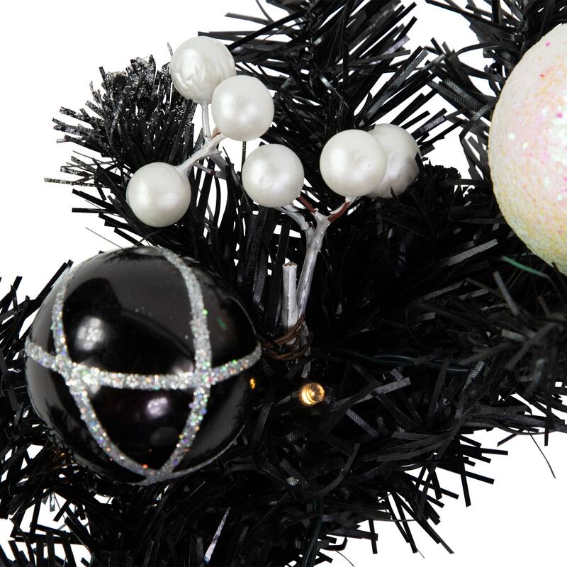 16" Decorated Black Pine Artificial Christmas Wreath Cool White LED