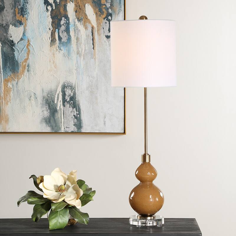 Seeded Glass Buffet Lamp with Drum Shade - 36" - Brown