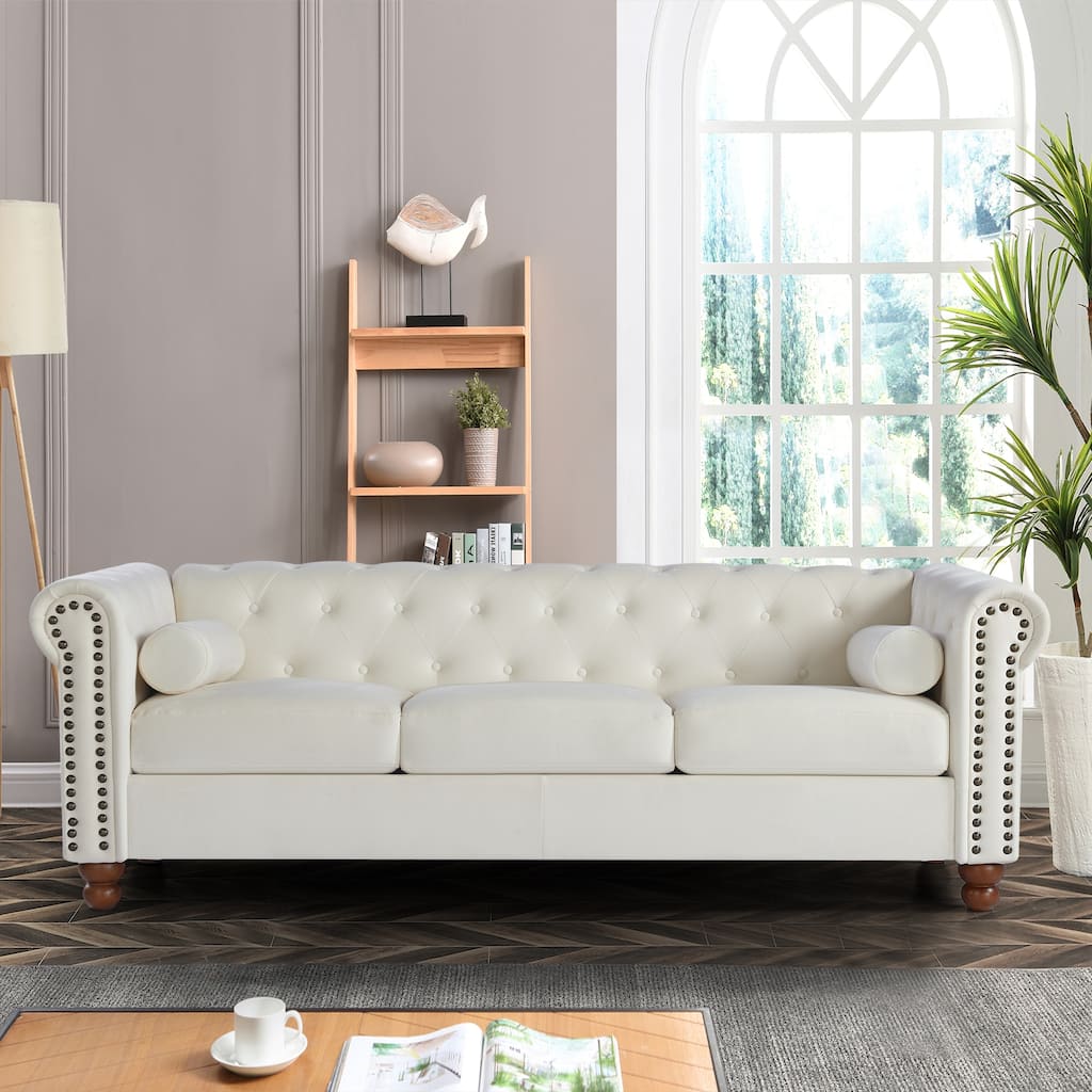 Chesterfield 74.5" Button Tufted Upholstered 3-seater Sofa with Nailheads and Pillows for Living Room